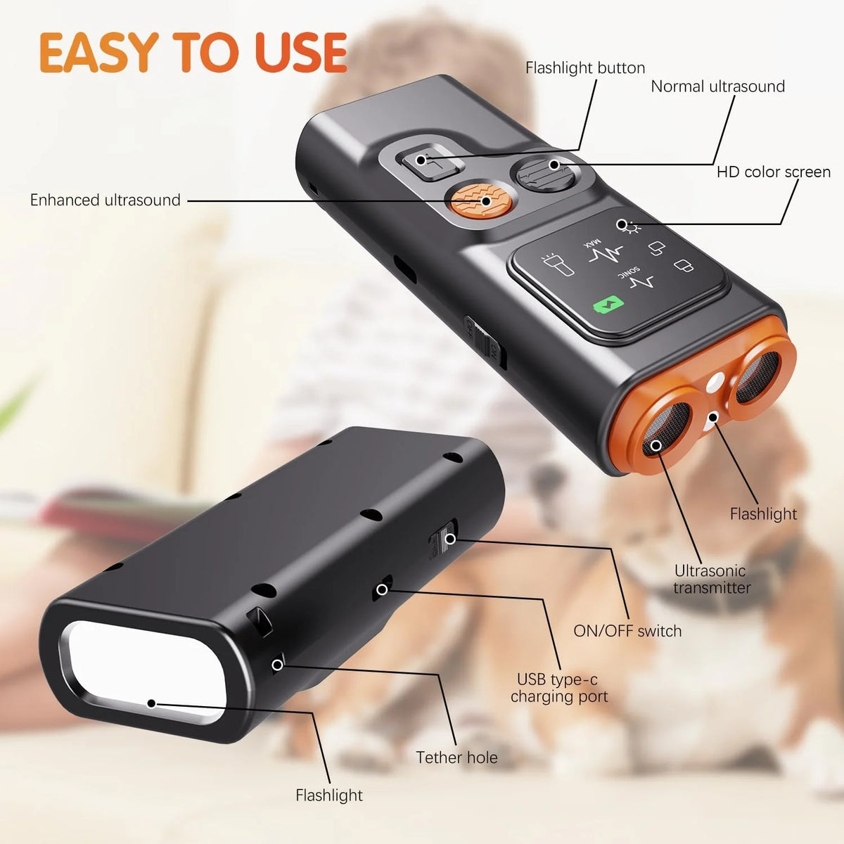 Cijikos Ultrasonic Dog Bark Deterrent - Rechargeable Anti-Bark Device with HD Display and LED Flashlight