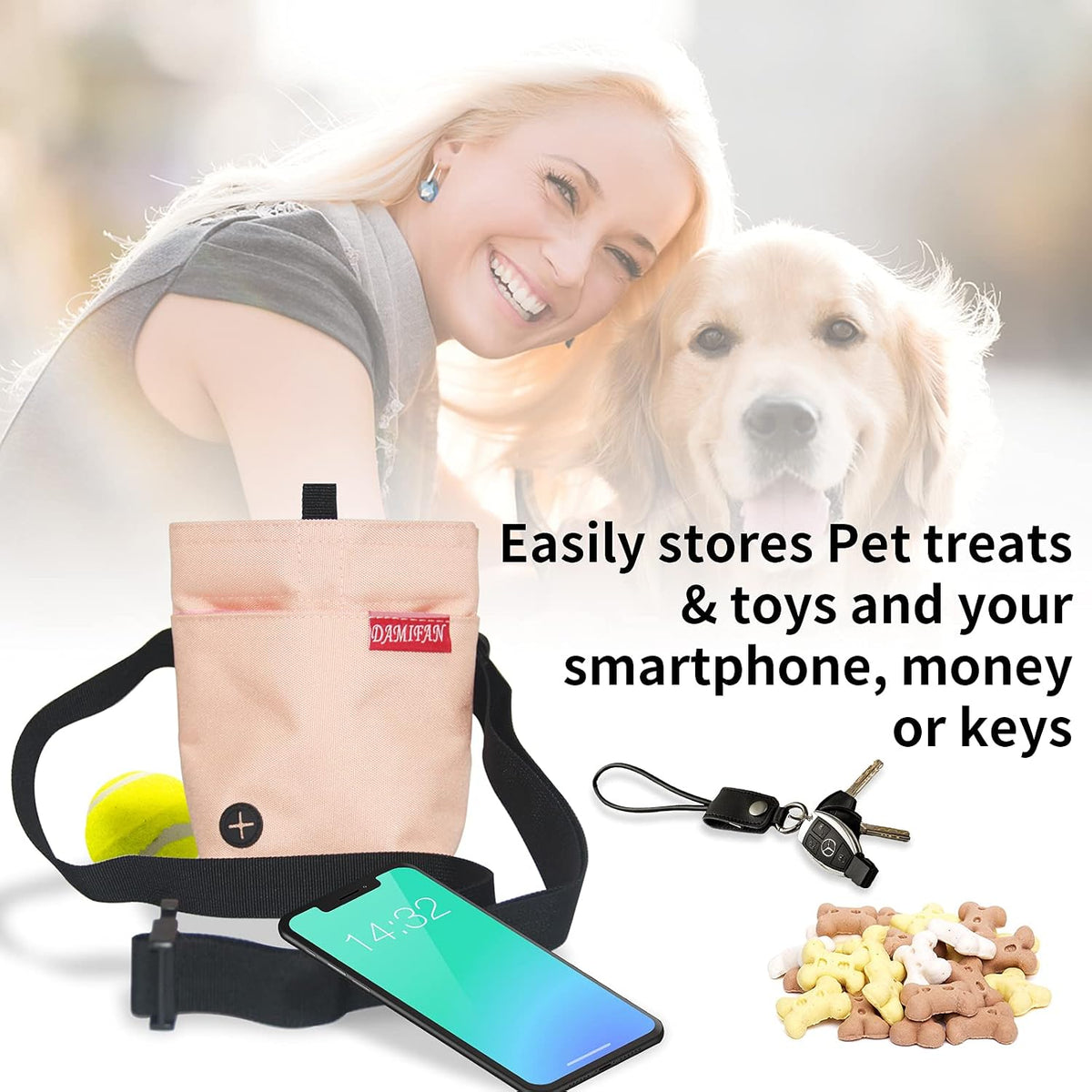 Adjustable Dog Treat Pouch with Waist Belt - Large Capacity Multi-Purpose Bag for Training Treats and Toys (Pink)