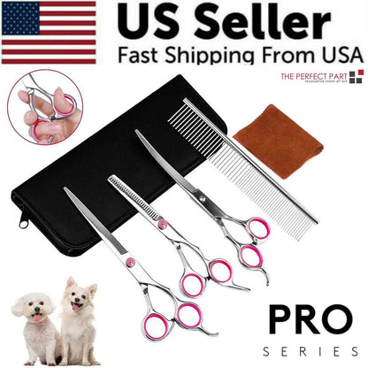 Professional Stainless Steel Pet Dog Grooming Scissors Set - Straight, Curved, and Thinning Shears