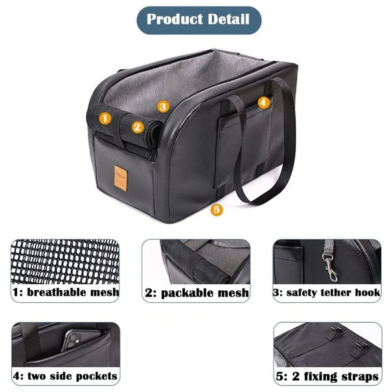 Premium Dog Car Seat Booster for Small Dogs with Removable Cushion and Safety Hook, Installs on Armrest Console, Breathable Design