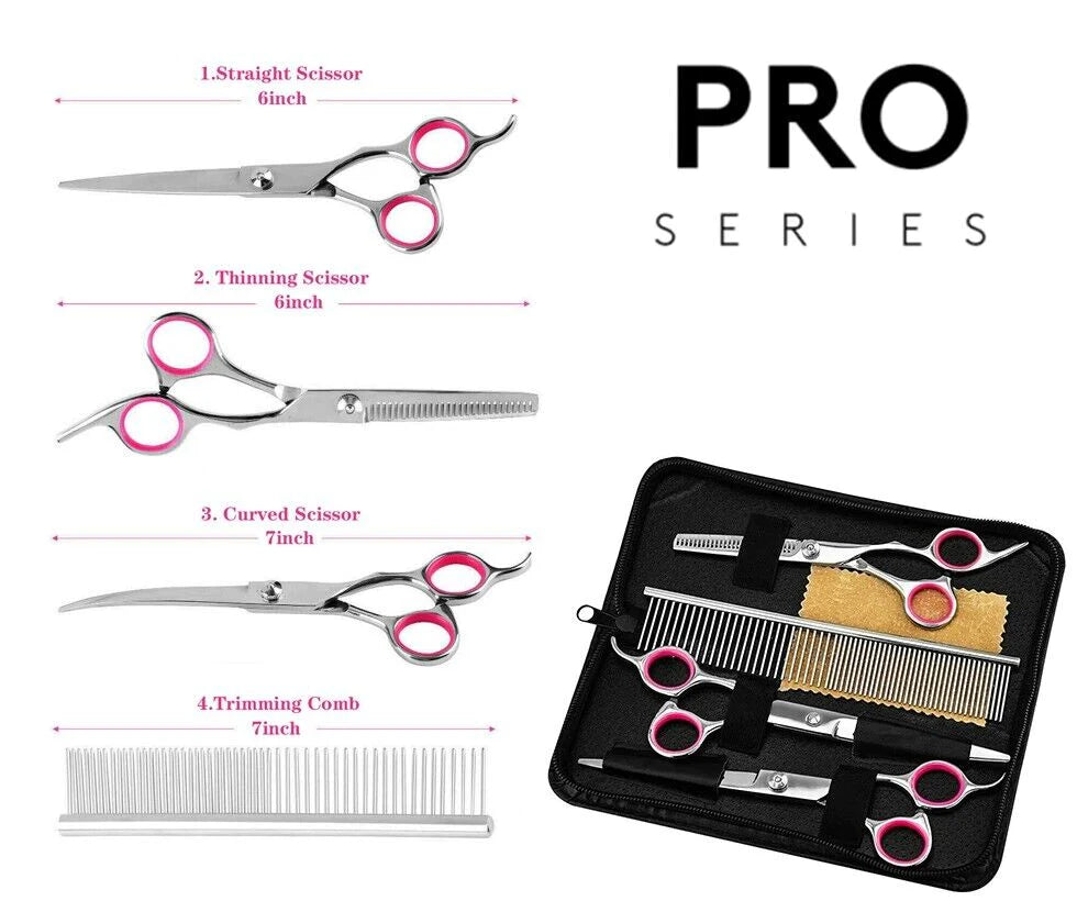Professional Stainless Steel Pet Dog Grooming Scissors Set - Straight, Curved, and Thinning Shears